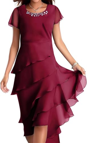 LLECDASEUI Women's Chiffon Tiered Dress Fit Flare Modest Prom Midi Knee Length Dress Summer Sexy Elegant Cocktail Party Wedding Guest Dress (S,Red 2)