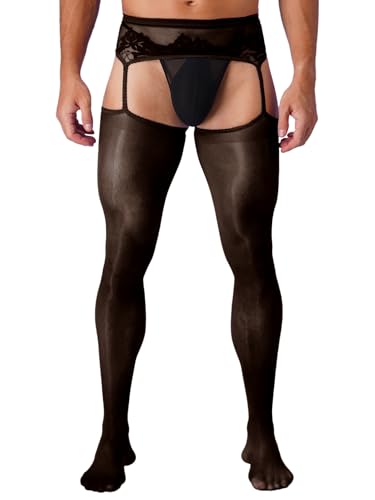 iiniim Homme String Sexy Dentelle Floral Collant Bas pour Porte Jarretelle Gay Transparent Sissy Collants Jarretières Stocking Nightwear Underwear Noir Taille...