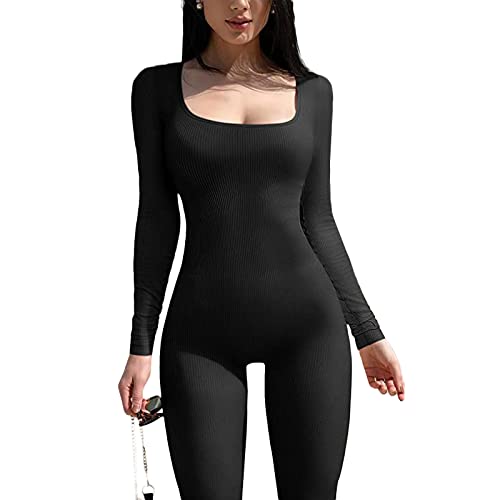 Nensiche Vrouwen Vierkante Hals Knipsel Bodycon Yoga Jumpsuit Geribbelde Workout Lange Mouw Full Body Sport Romper… - Image 4