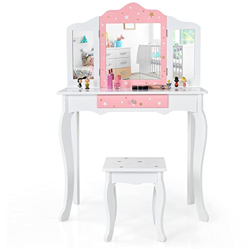 HONEY JOY Kids Wooden Dressing Table, Princess Makeup Dressing Table with Stool and Drawer, Tri-Fold Mirror, Removable Top, Toddler Game Dressing Table for Little Girls