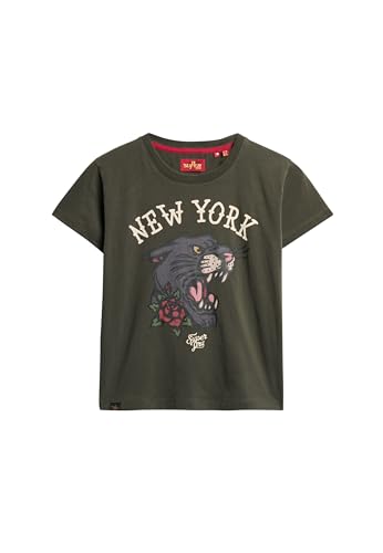 Superdry Damen 90er Jahre T-Shirt mit Tattoo-Grafik Dunkelgrau Grün 40