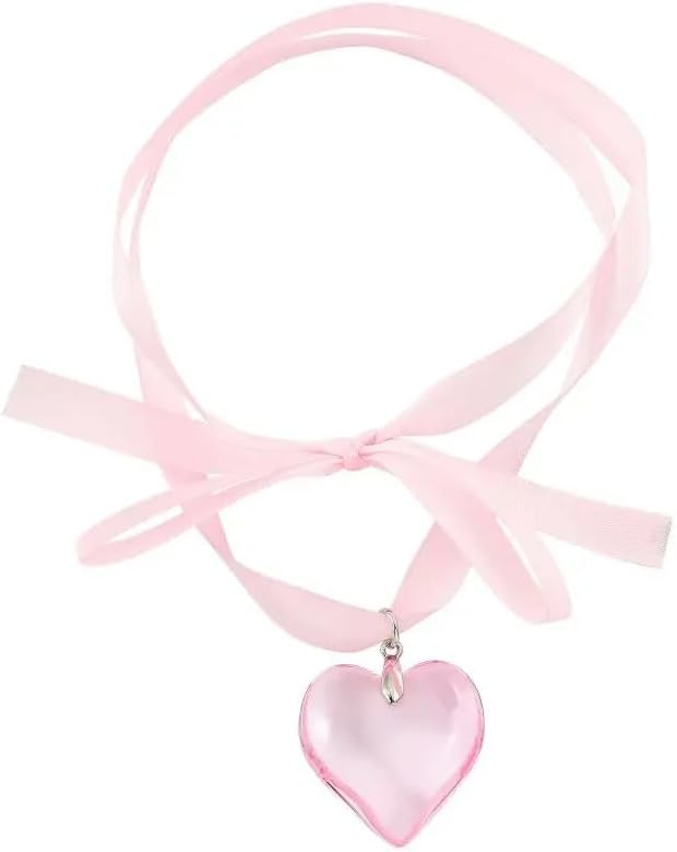 925 Sterling Silver Colorful Glass Chunky Puffy Heart Necklace - Big Red Heart Pendant With Adjustable Velvet Chain Bow Heart Necklaces For Women Y2k Jewelry Gifts For young lady Chunky Heart Necklace