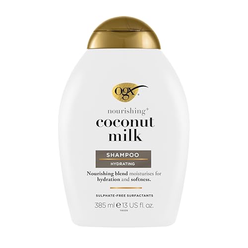 OGX Nourishing + Coconut Milk Shampoo Hydrating (385 ml), champú hidratante con leche y aceite de coco y proteínas de clara de huevo, champú sin sulfatos ni parabenos, para cabello seco