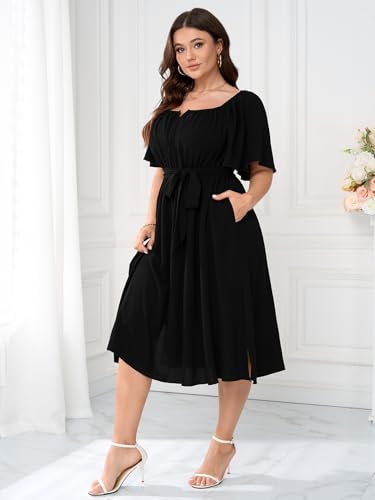 Women Plus Size Cocktail Dress Short Sleeve Square Neck Belted Elegant  Flowy A Line Midi Dresses with Pockets - Product Details