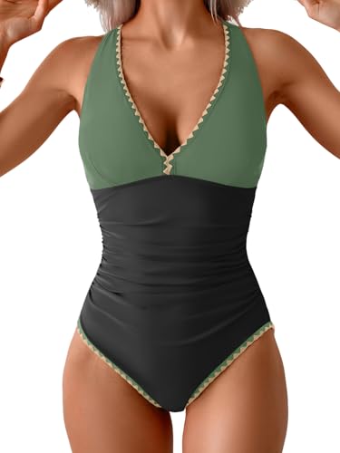Image of B2prity One Piece Swimsuit for Women Tummy Control Ruched Bathing Suit Push Up Tie Back Swimwear Shell Stitched