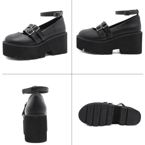 Women's Chunky Platform Gothic Pumps with Ankle Buckle Fashion Round Toe Double-Breasted Block Heel Non-Slip Kawaii Lolita Shoes for Party, Casual, Date3