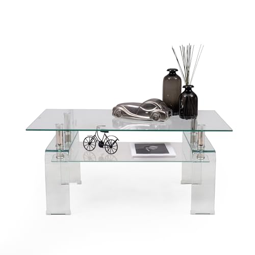 Homely - Mesa de Centro de diseño Moderno Kenia Cristal Transparente con revistero y Patas en Cristal Transparente