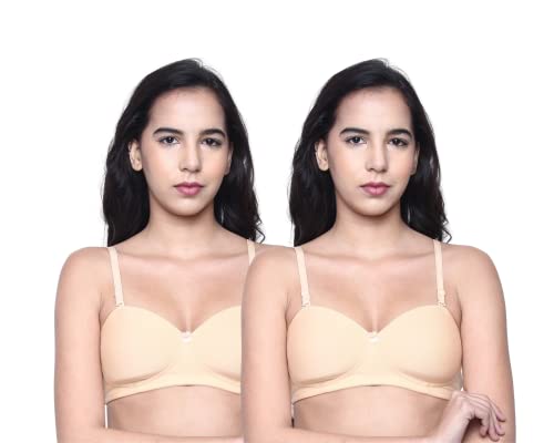 Image of INKURV Cotton Rich Padded T-Shirt Bra for Women, Seamless, Non-Wired with Detachable Straps, Sweet Heart Neckline, Everyday Bra 3 /4th Coverage with no spillage- ROMI Combo of 2