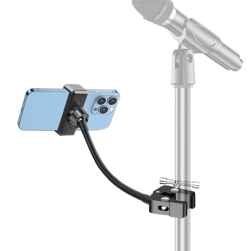 Mic Stand Phone Holder, Music Stand Phone Holder, phone holder for mic stand, Flexible 11.5 inch gooseneck hose, Metal crab clamp Mount, with 3.5~7.5