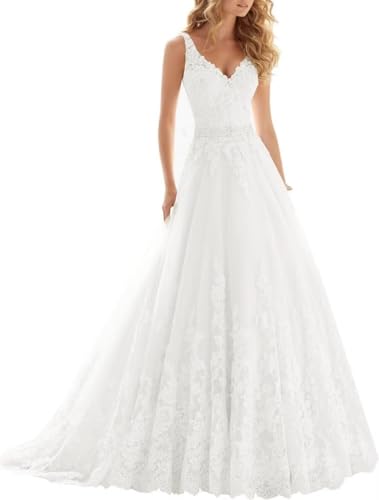 Wedding Dresses for Bride 2025 Boho Beach Beaded Appliques Bride Dress with Train A Line Lace Wedding Bridal Ball Gowns for Women Fall Ivory US2