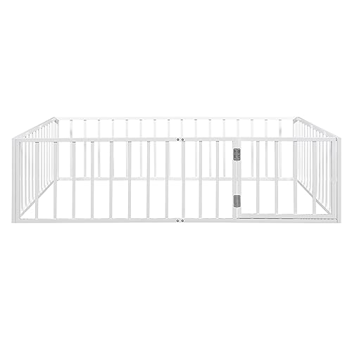 Image of Bellemave Queen Size Floor Bed for Kids, Montessori Beds with Rails and Door, Metal Playhouse Bed Frame with Fence for Boys Girls, White