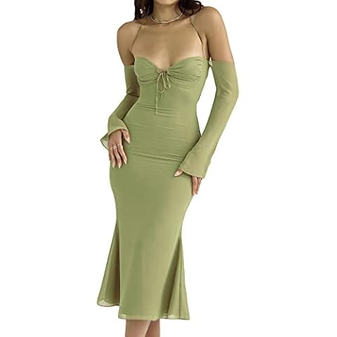 Achlibe WomenSpaghetti Strap Print Cut Out Maxi Dress Backless Slim Fit Split Long Dress Halter Night Party Summer Dress (Grass Green, S) Cover