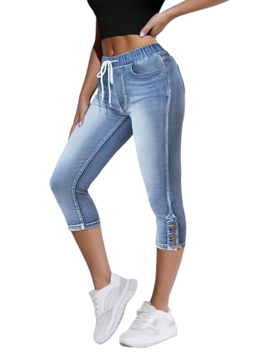 Onsoyours Capri Jeans Damen Sommer Caprihose 3/4 Jeans Caprihose Hohe Taille Denim Hosen Kurze Skinny Ripped Jeanshose Caprijeans B Blau XL