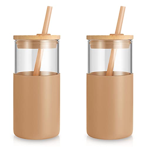 Tronco 28 oz Glass Tumbler with Lids and Straw, Reusable Iced Coffee Cup & Smoothie Cup with Bamboo Lid, Silicone Sleeve, Dishwasher Safe, BPA-Free Borosilicate Glass, 1 Pack Amber 28 Ounces