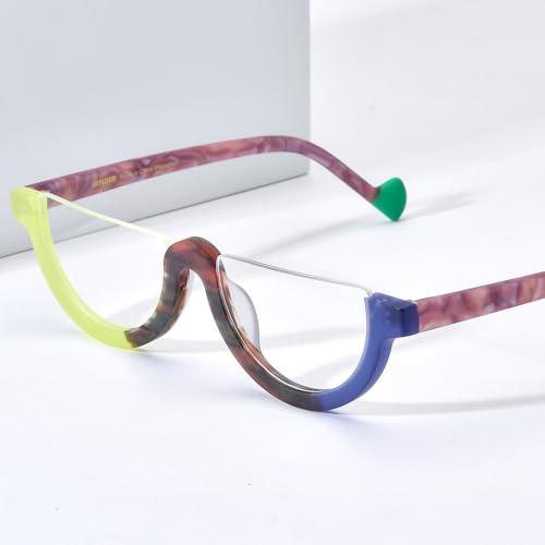 Image of HEPIDEM Matte Multicolor Acetate Glasses Frame Women,Semi Rimless Round Optical Eyeglasses