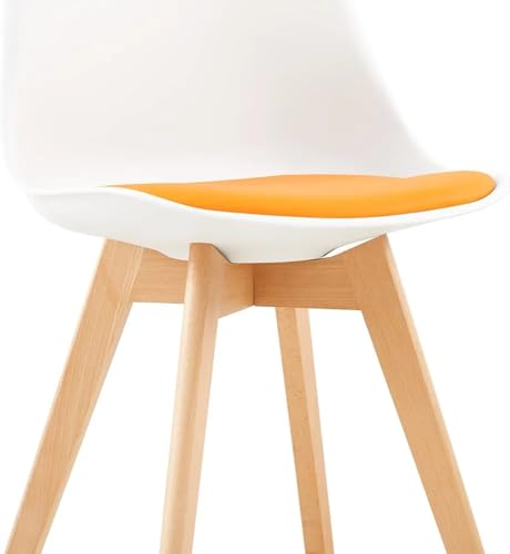 Image of My Art Design - Set of 4 Modern Style Mid Century Modern Dinning Room Cafe Hotel Office Wooden Legs Chair (White with Orange Seat)