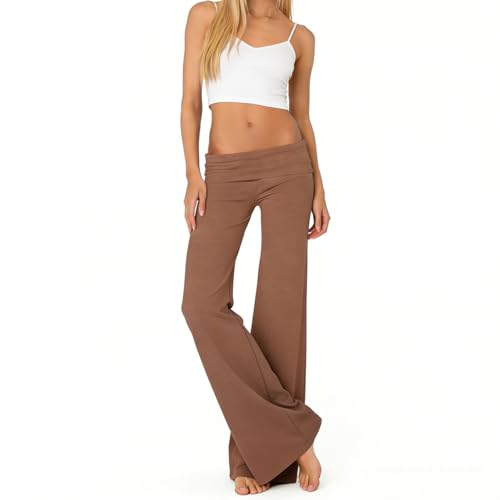 Image of Lounge Yoga Pants for Women Fold Over Low Waist Wide Leg Bell Bottoms | Y2K Foldover Pants, Flare Leggings, Low Rise Yoga Sweatpants