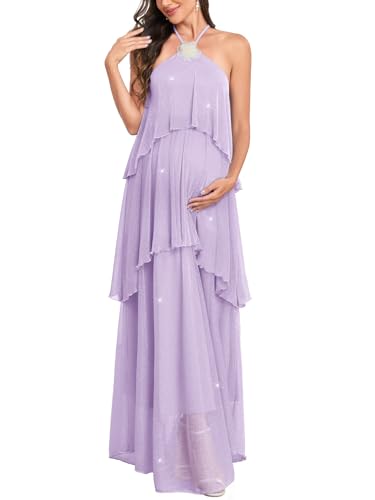 Image of AISWI Maternity Halter Neck Maxi Dress Sparkly Mesh Tiered Ruffle Pregnancy Gown with Flower for Baby Shower Photoshoot