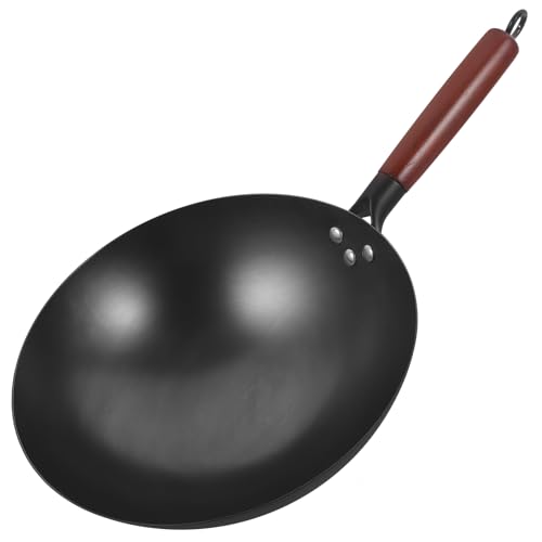 Wok tradicional de hierro con mango de madera 10 pulg.