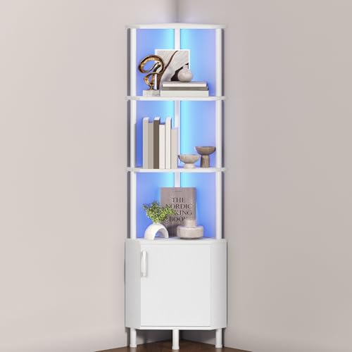 HOOBRO Corner Shelf with LED Light, Corner Cabinet with Storage and Doors, 5-Tier Industrial Narrow Bookshelf Display Rack, 59” Tall Standing Shelf, for Living Room, Kitchen, White WT147DCJ01