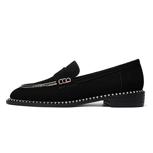 Image of FOGEENA Womens Penny Round Toe Casual Fashion Slip On Suede Leather Chunky Low Heel Loafers Dress Shoes 1 Inch