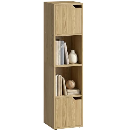Image of HOMCOM Bookcase with 2 Cabinets and Doors, 4-Tier Bookshelf, Storage Cabinet with Open Shelves and Anti-Tipping Design, for Living Room, Bedroom, Home Office, Oak
