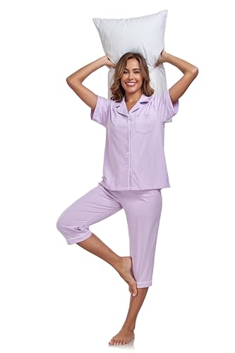 Image of COLORFULLEAF 100% Cotton Capri Pajama for Women Set Summer Short Sleeve Pj Sets for Women Cotton Sleepwear