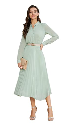 Image of Business Casual Shirt Dress for Women Long Sleeves Pleated Midi Dresses with Belt