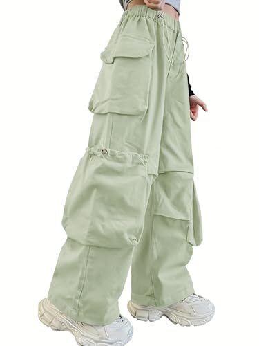 Image of Girls Cargo Pants Wide-Leg Straight Streetwear, 6-14 Years | Elastic Drawstring Vintage Baggy Pants Y2K School Casual