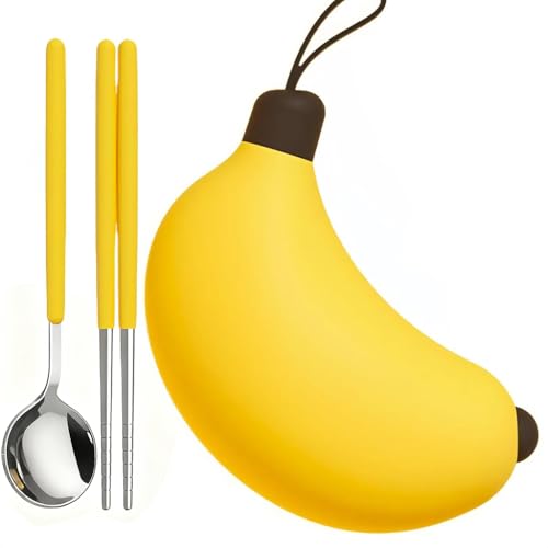 Image of Supvox Spoon and Fork Set with Case - Cartoon Banana Style Utensils Storage Case Spoon Box for Lunch Bag Yellow Handle Stainless Steel Utensils for School, Picnic, Outdoor, Office