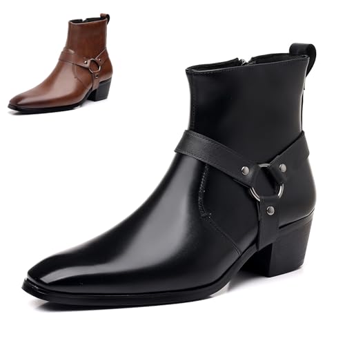 Men's Leather Chunky Heel Dress Chelsea Boots with Belt Buckle Fashion Classic Cap Toe Side Zipper Block High Heels High Top Formal Oxford Shoes Casual Business Chukka Booties