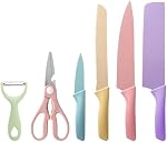 TJ POP Couteau de cuisine coloré Ensemble de 6, Ensemble de couteaux colorés avec revêtement non-brillant, ensemble de couteaux en boîte de chef pour la cuisine, le camping, le voyage, le picnic, BBQ et RV
