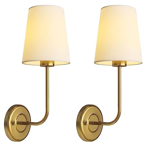 Wall Sconces Decor Set of 2, Hardwired Gold Vintage Wall Sconce with Upgrade Non-Shadow Pure White Lampshade, Antique Brass Wall Sconce Industrial Wall Lights for Bedroom Living Room Reading (No Bulb) Cover