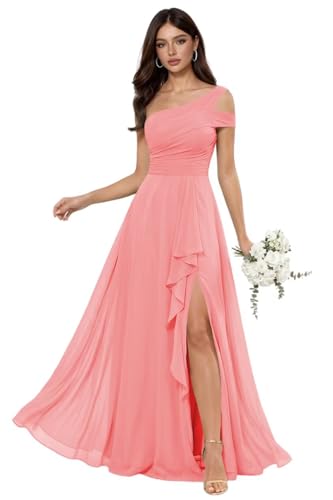 SEPT PRETTY Coral Chiffon One Shoulder Bridesmaid Dress for Women Ruffle A Line Floor Length Formal Evening Prom Gown Plus Size 16