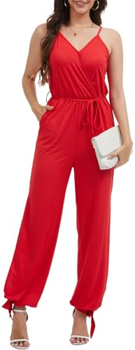 Women's Casual Summer Sleeveless Dressy Jumpsuits Wrap V Neck Party Clubwear Wide Leg Split Leg Ankle Tie One Piece Pants Rompers with Pockets(Hot Red,Medium)
