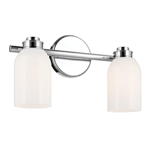 Image of Kichler Shae 2-Light Vanity Light, Chrome | Vanity light with white opal glass for bathroom vanities and mirrors (15 inch x 9 inch), 55201CH