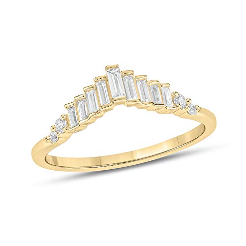 1/5cttw Round and Baguette Diamond Anniversary Ring for Women, Chevron V Shape Ring in 10k Yellow, Rose or White Gold, Women's Gold Stackable Anniversary Band with Baguettes and Round Diamonds
