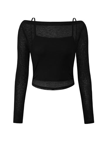 PRETTYGARDEN Women's Long Sleeve Sheer Crop Tops Boat Neck See Through Cover Up with Spaghetti Strap Camisole 2 Piece Blouses