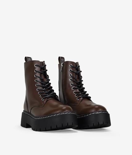 BOSANOVA Punk Militärstiefel aus veganem Leder mit gezackter Plattform und Schnürung bis zum oberen Ende, Reißverschluss, Damen-Schuhe, braun, 41 EU