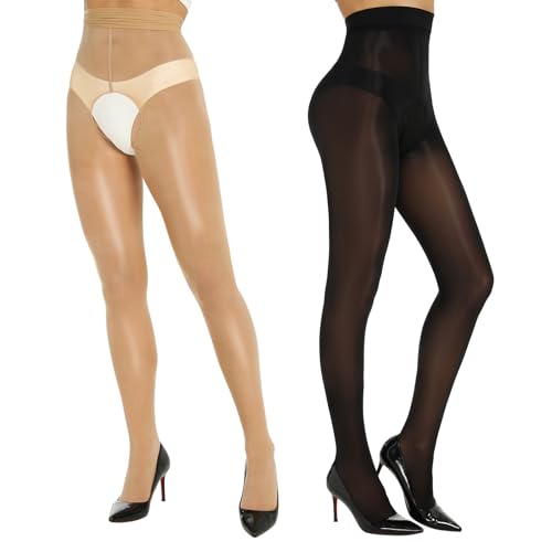 Yilanmy Shiny Sheer Tights Open the Crotch pantyhose for Women High Waist shimmery tights Oil Shimmery Nylons 2 Pairs