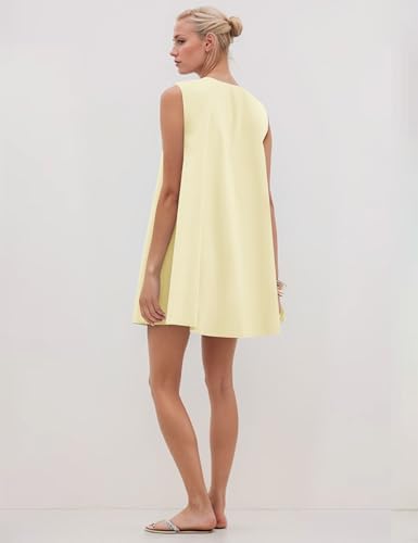 Image of Women Summer Sleeveless Babydoll Mini Dress Scoop Neck Loose Fit Tank Dresses Party Ruched Short Dress with Pockets