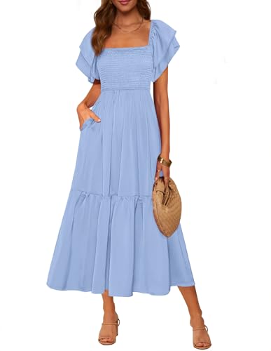 MASCOMODA Womens Summer Casual Smocked Flowy Midi Dress(Light Blue,M)