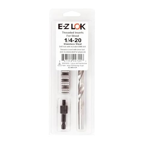 E-Z LOK 400-4-CR Threaded Inserts for Wood, Installation Kit, Stainless Steel, Includes 1/4-20 Knife Thread Inserts (6), Drill, Installation Tool Cover