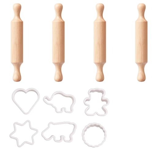 4Pcs Wooden Rolling Pin Set with 6Pcs Molds, Small Rolling Pin for Baking, Fondant Rolling Pin, Clay Roller, Ideal for Pizza Dough, Playdough, DIY Crafts, Kids Activities