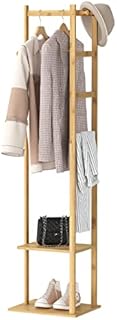 unho Bamboo Clothing Rack, Corner Coat Rack Stand Hall Trees Free Standing Clothes Hanging Rail Garment Rack with 2 Shelves 3 Hanger Hooks and Pants Hanger for Entryway Bedroom Living Room