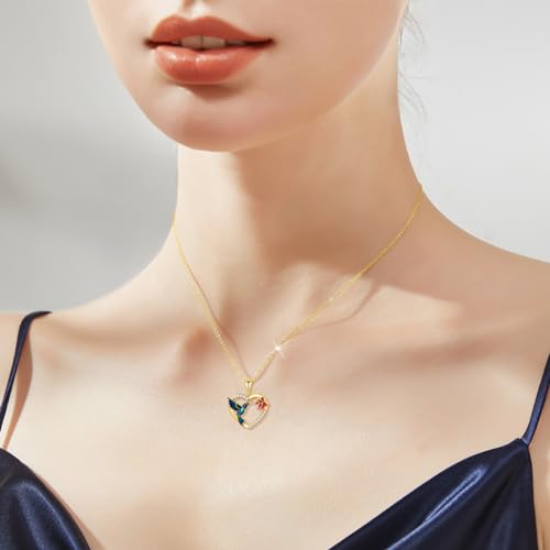 14K Solid Gold Hummingbird Necklace with 5A Cubic Zirconia for Women,Real Gold Heart Animal Pendant Necklaces Jewelry Gifts Christmas Birthday for Mom Wife,16+2 inch2