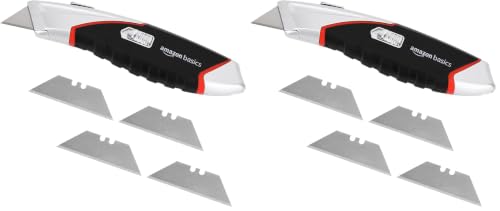 Image of Amazon Basics Heavy Duty Retractable Auto-Load Ergonomic Utility Knife 3-Position Locking Blade with 4 Replaceable Blades in Designed Storage, Black/Silver (Pack of 2)
