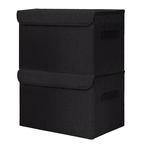Bagnizer Large 42 Quarts Fabric Storage Bins with Lids [2-Pack] Linen Collapsible Foldable Storage Cubes, Closet Organizer Containers boxes with Handles for Home Office (16.7 x 12 x 12, Black)