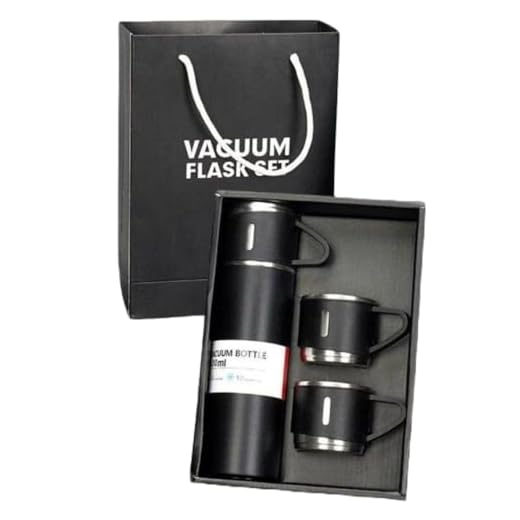 Kit Garrafa Termica Inox Isolada a Vacuo Parede Dupla Com Tampa Caneca e 2 Canecas 500ML Para Quente Gelado (Kit Preto)