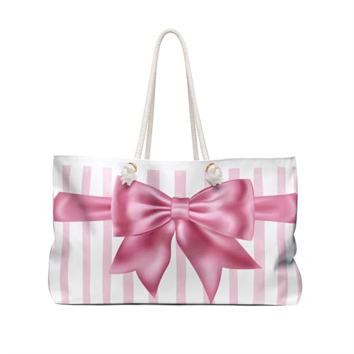 Pink Bow Weekender Bag, Travel Tote, Overnight Duffle, Large Carry-On, Gift for Her, Striped Luggage2